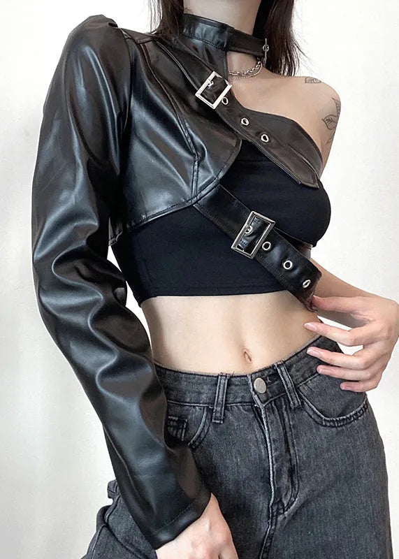 Black Asymmetrical Original Design Faux Leather Coats Spring