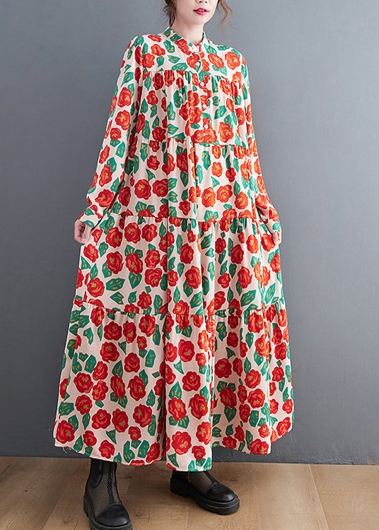 Red Button Stand Collar Shirt Dresses Long Sleeve