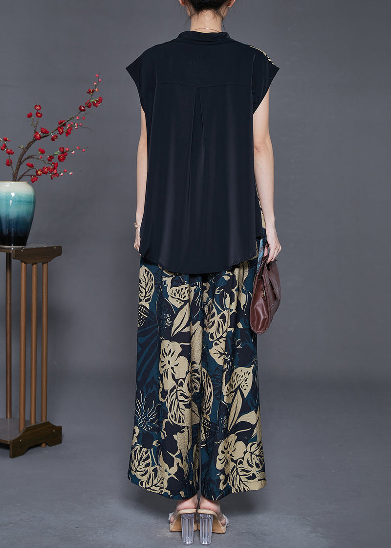 Diy Black Asymmetrical Print Chiffon Two Pieces Set Sleeveless