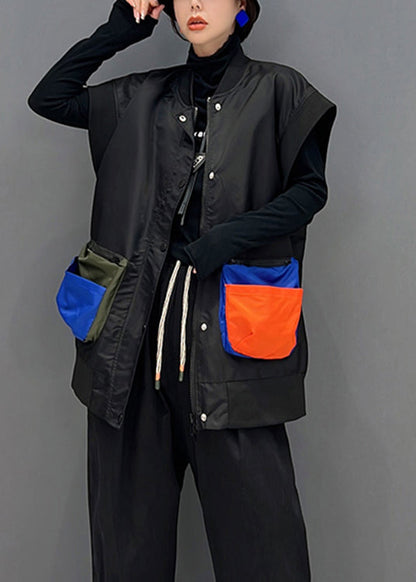 Black O-neck Zippered Patchwork Button Thick Waistcoat Sleeveless