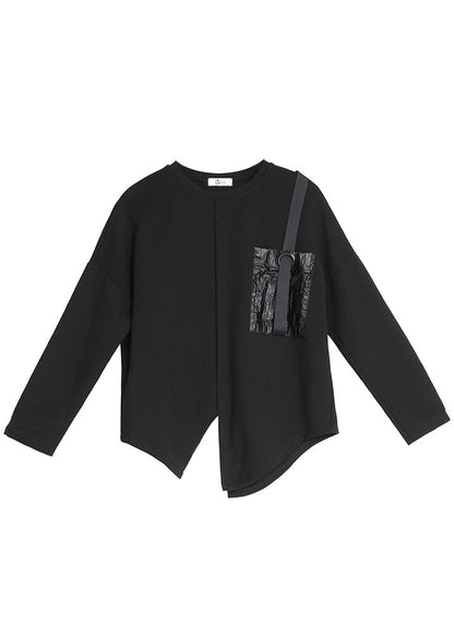 French Black O-neck Pockets Asymmetrical Fall Long Sleeve Tops