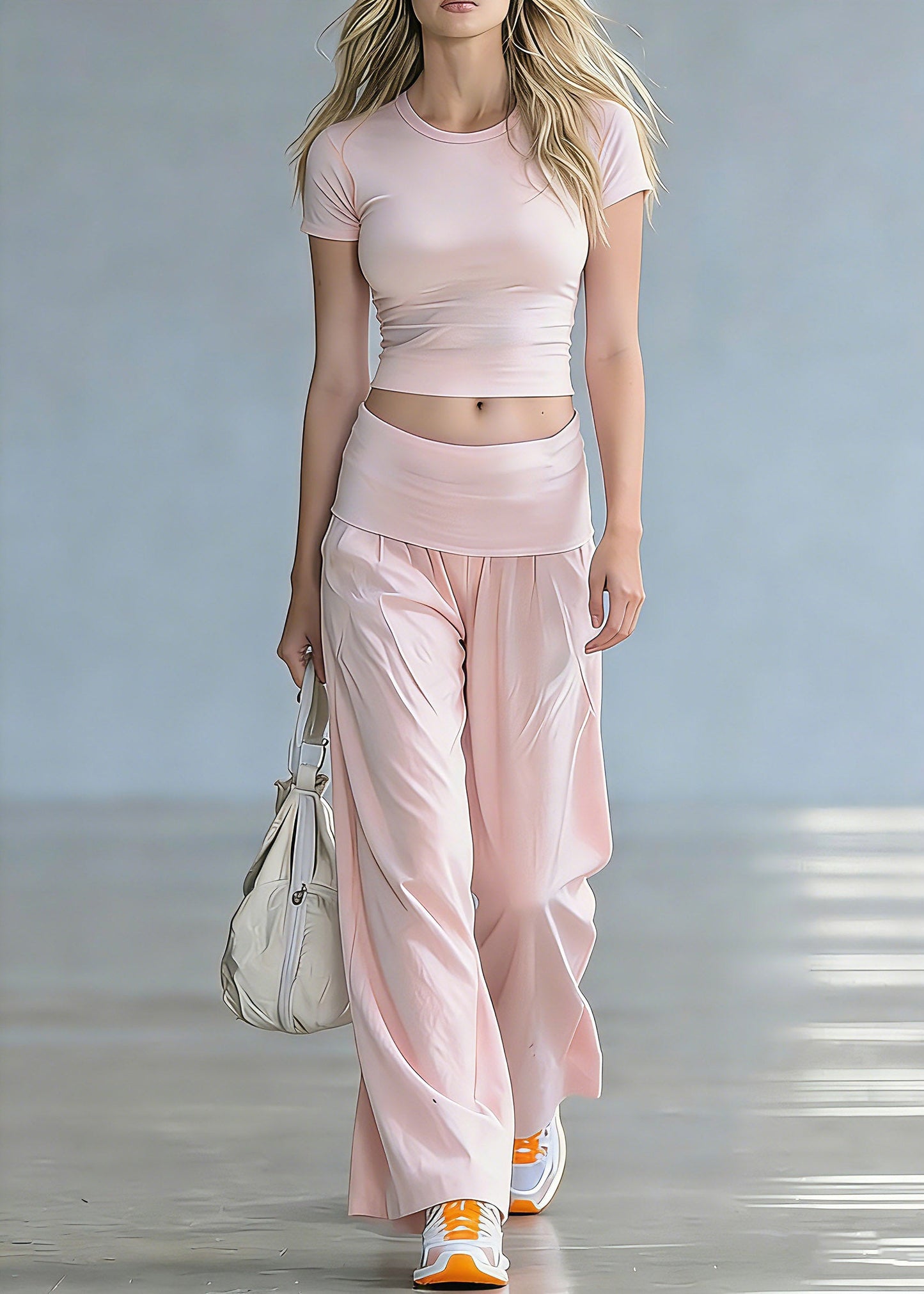 Pink O-neck Top and Wide Leg Pants Short Sleeve