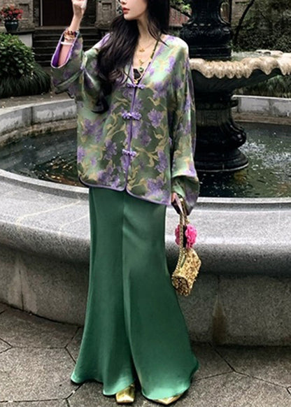 Chinese Style Peacock Blue V Neck Print Silk Shirts and Wide Skirt Two Pieces Set Spring