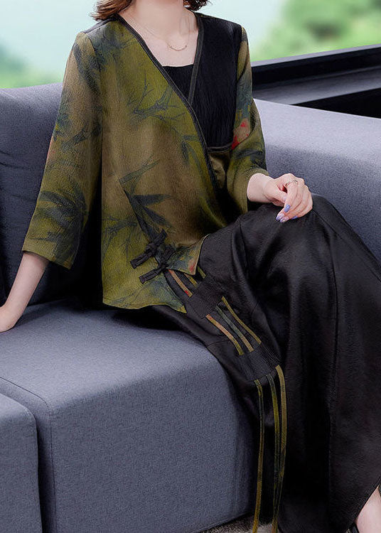 Green V Neck Patchwork Tasseled Oriental Button Silk Two Piece Set Summer