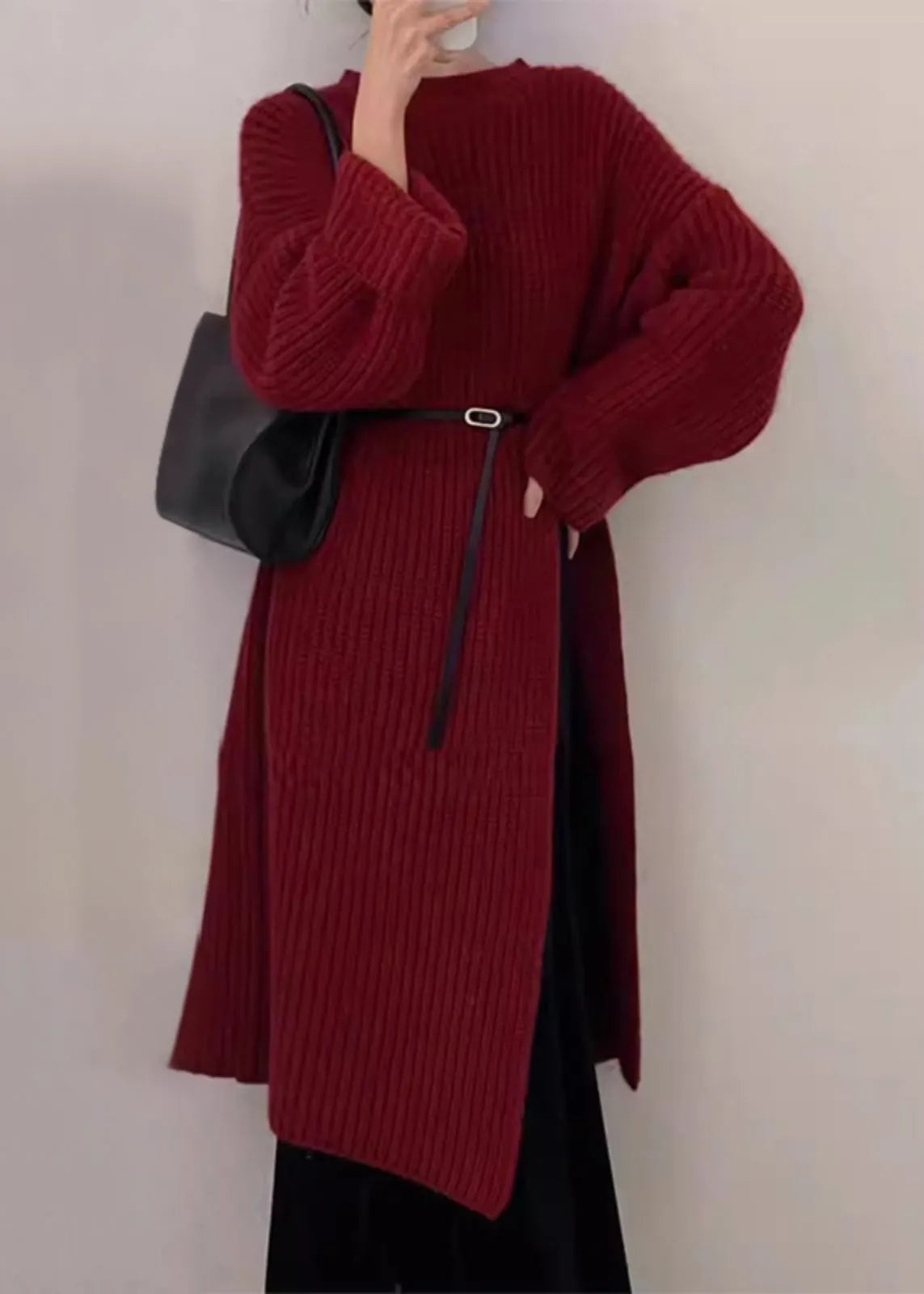 Red O Neck Side Open Knit Long Sweater Spring