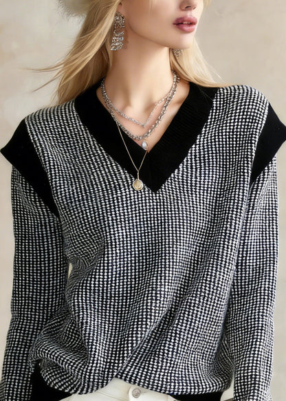 Black V Neck Plaid Knit Sweater Tops Winter