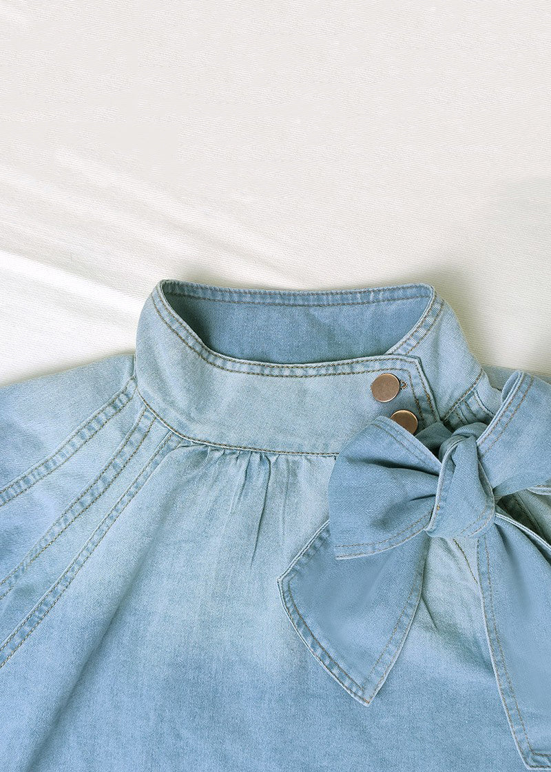 Loose Blue Stand Collar Lace Up Denim Shirt Lantern Sleeve Summer