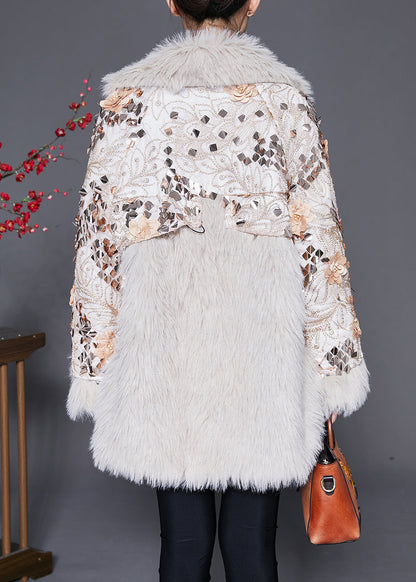 Italian Beige Patchwork Faux Fur Coat Winter