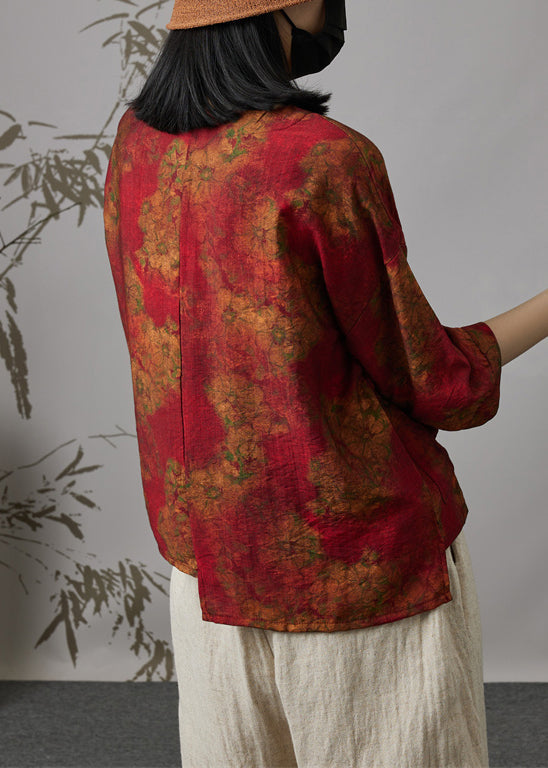 Wine Red V Neck Print Patchwork Cotton Top Summer