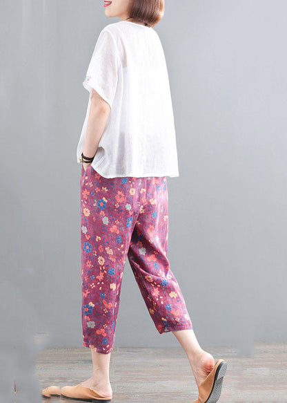 Handmade White Embroideried Print Linen Sets Two Pieces Summer