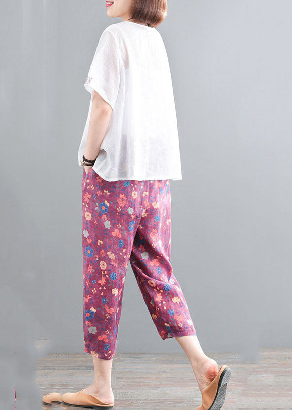 Handmade White Embroideried Print Linen Sets Two Pieces Summer