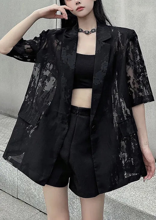 Loose Black Pockets Back Side Open Thin Cotton Coat Summer
