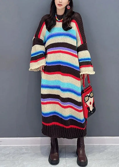 Loose Striped O-neck Hollow Out Patchwork Knit Dresses Fall