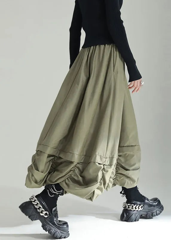 Green Wrinkled Pockets Patchwork Cotton Skirts Fall