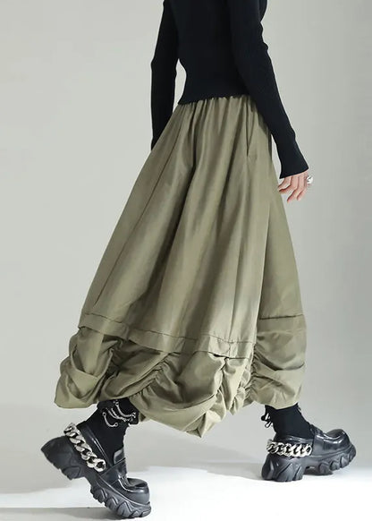 Green Wrinkled Pockets Patchwork Cotton Skirts Fall