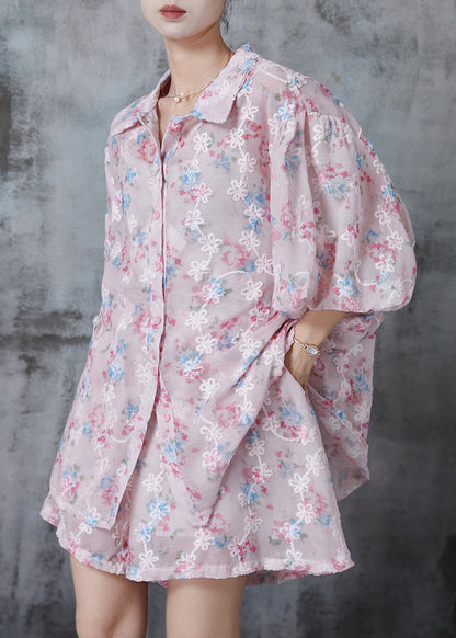 Pink Embroidered Print Chiffon Two Pieces Set Summer