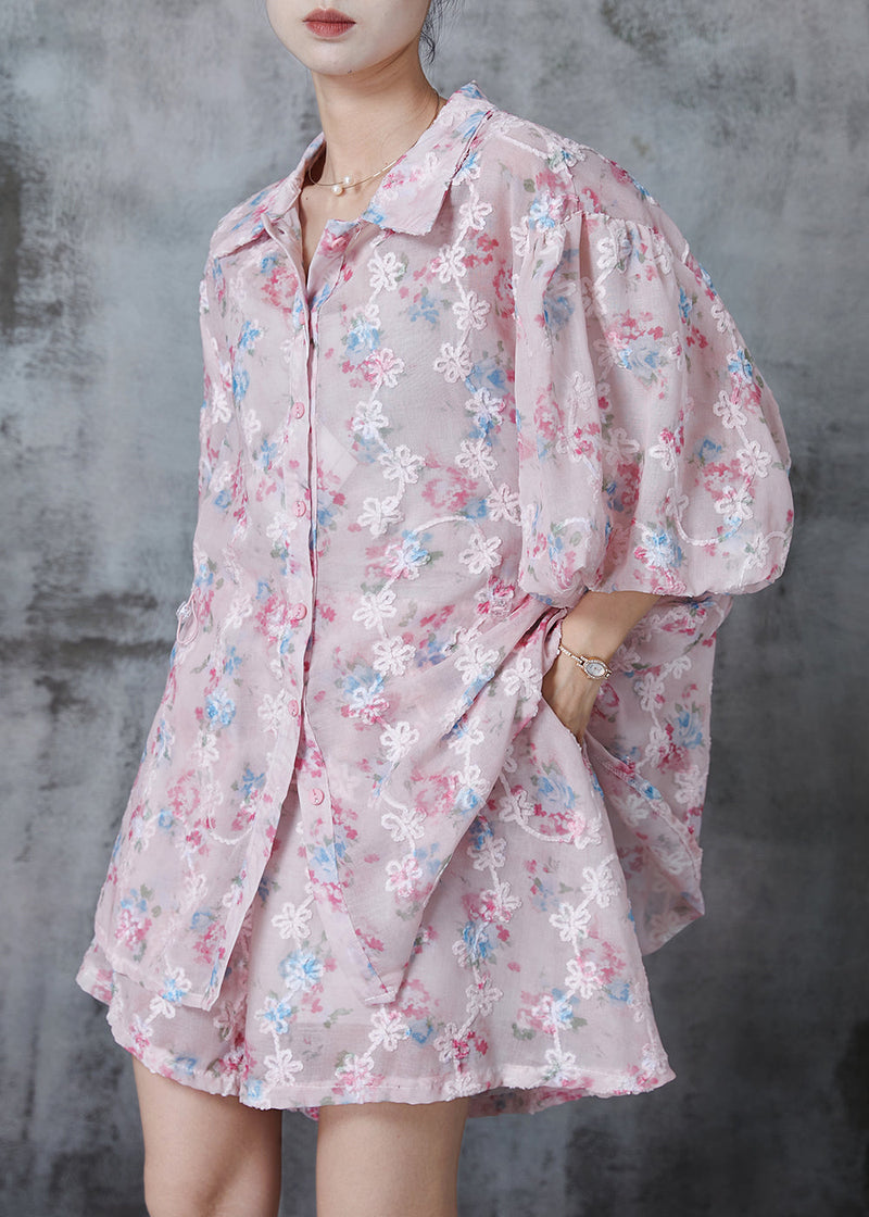 Pink Embroidered Print Chiffon Two Pieces Set Summer