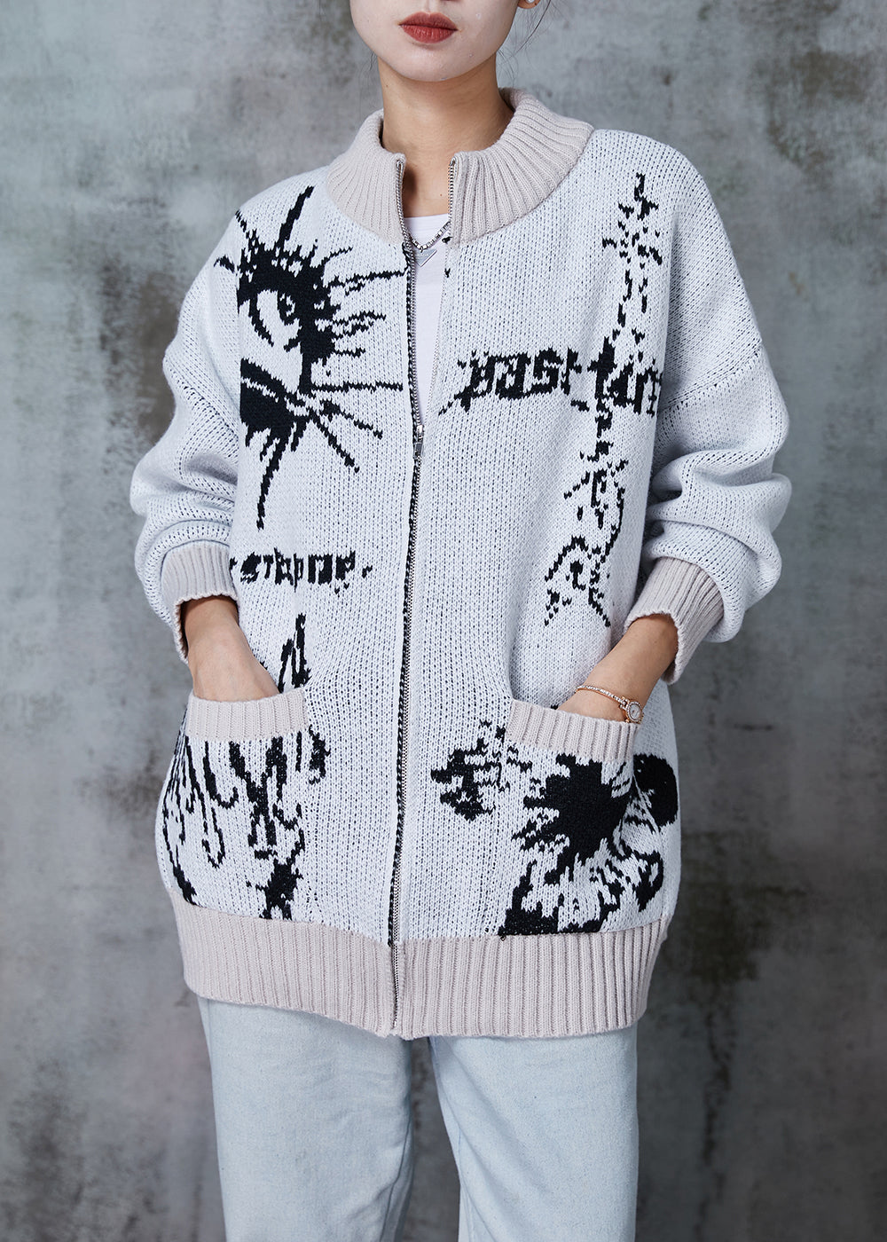 Grey Oversized Print Knit Cardigans Winter