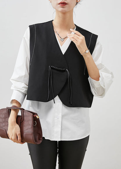Italian Black Tasseled Spandex Vest and Shirt Two Pieces Set Spring