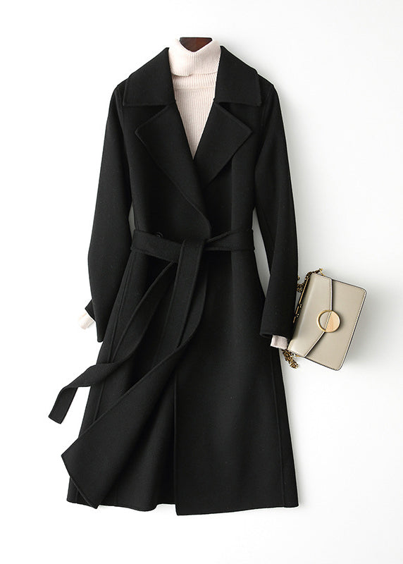 Black Notched Tie Waist Woolen Long Coats Fall