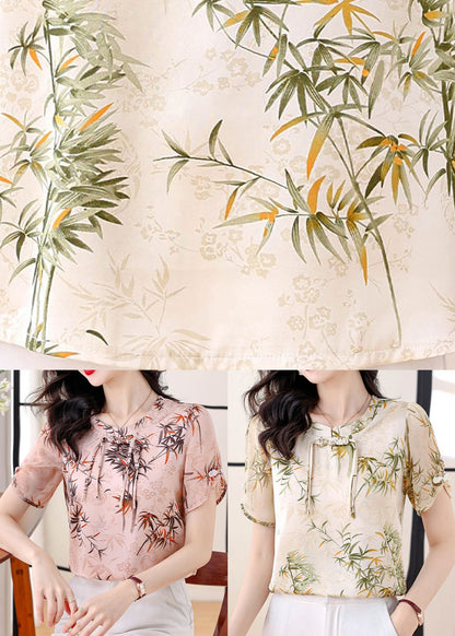 Green Tasseled Print Chiffon Blouse Top Summer