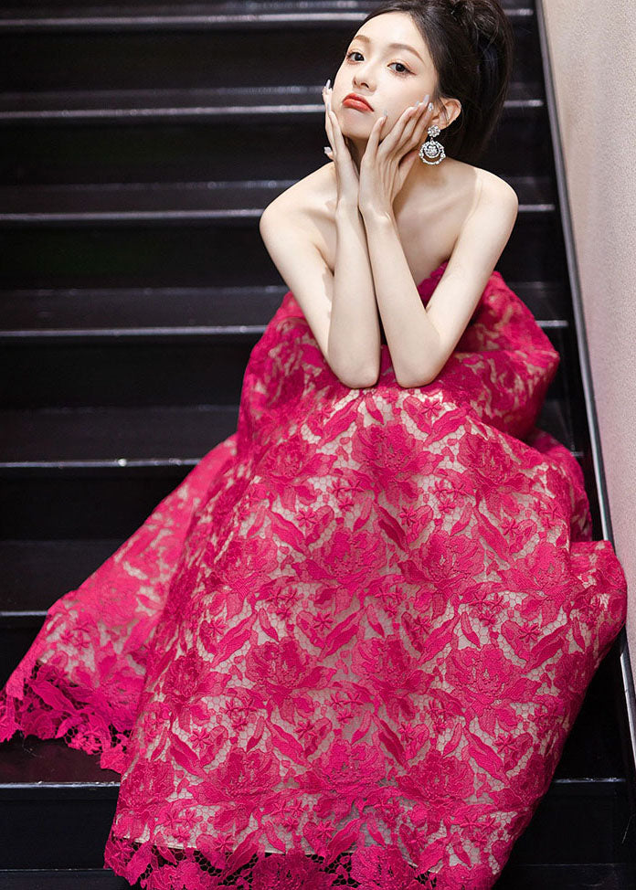 Italian Red Embroideried Hollow Out Lace Maxi Dresses Summer
