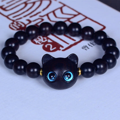 Buddha Stones Ebony Wood Liuli Glass Cat Peace Balance Bracelet