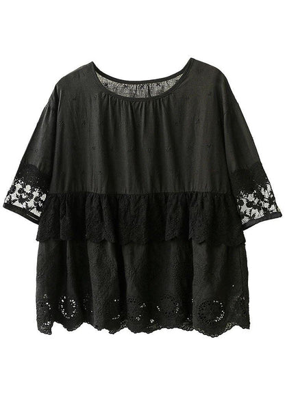 Black O-neck Lace Patchwork Fall Half Sleeve Blouse Tops
