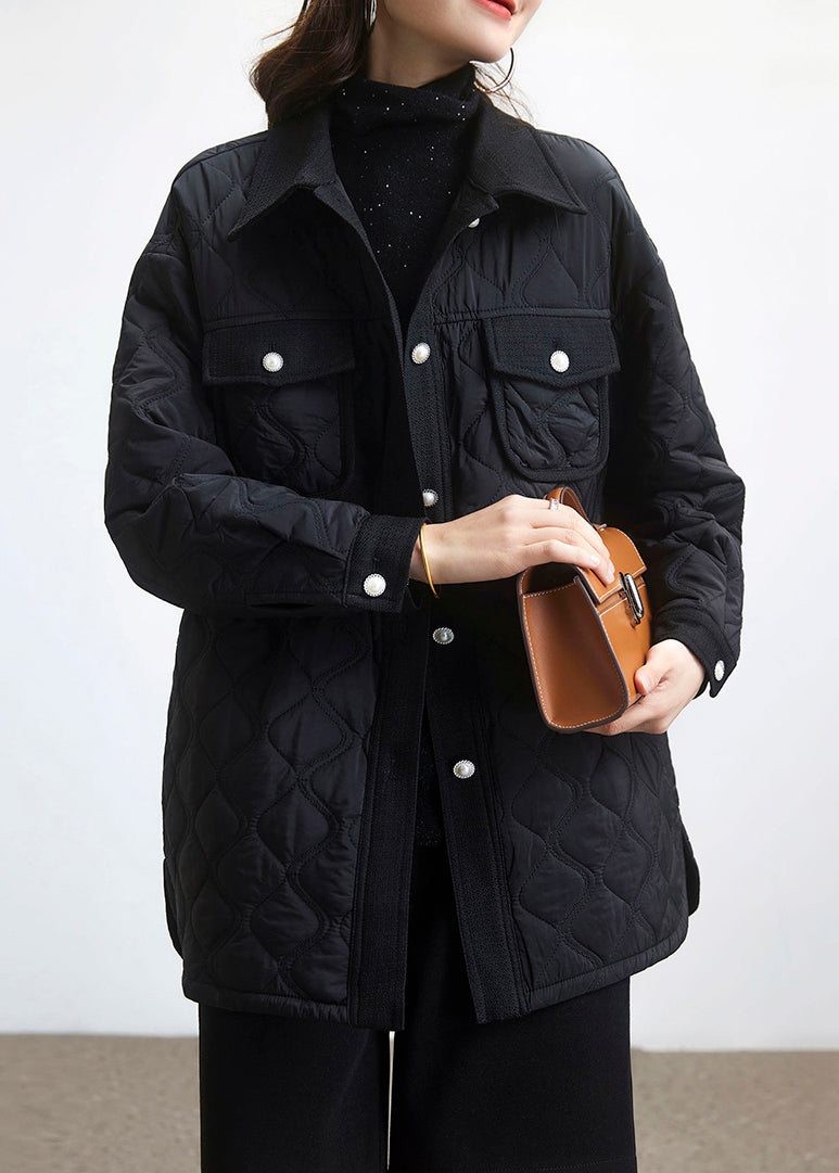 Black Peter Pan Collar Button Cotton Filled Coat Long Sleeve