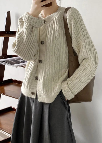 French Grey O-neck Button Cable Knit Coat Fall