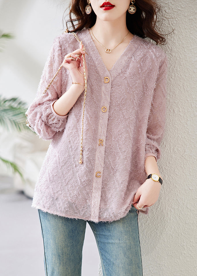 Beige V Neck Letter Cotton Blouses Spring