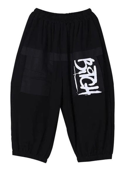 Simple Black Graphic Pockets Pants Summer Cotton
