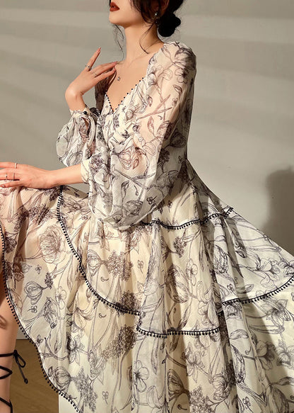 V Neck Print Chiffon Mid Dress Lantern Sleeve
