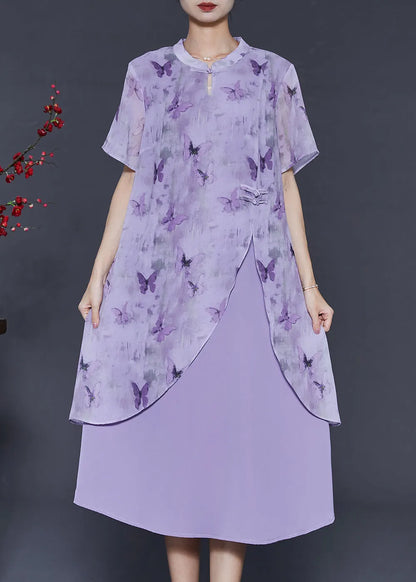 Purple Butterfly Chinese Button Chiffon Fake Two Piece Dresses Summer