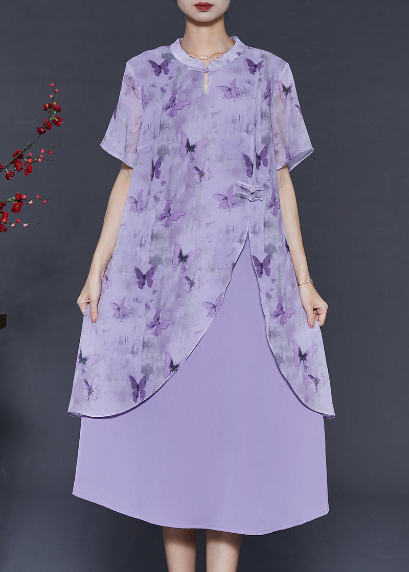 Purple Butterfly Chinese Button Chiffon Fake Two Piece Dresses Summer