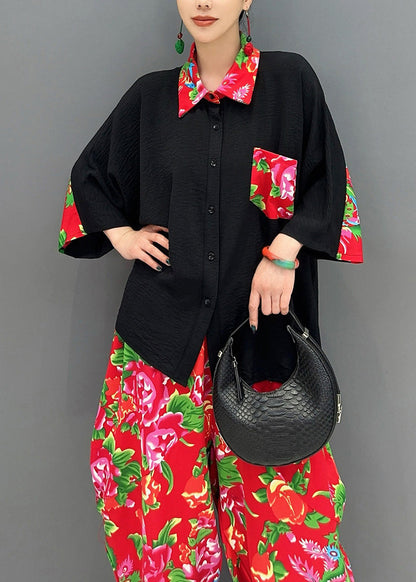 Fitted Black Peter Pan Collar Print Patchwork Button Shirts and Harem Pants Two Pieces Set Long Sleeve