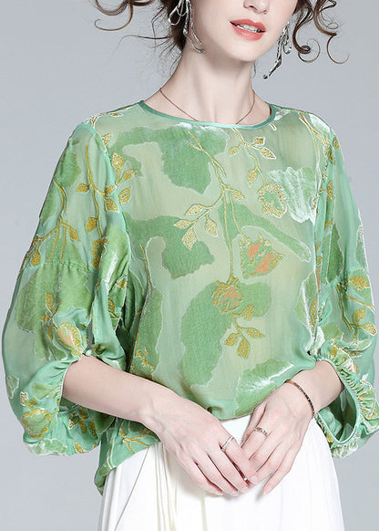 Light Green O-neck Print Velour Tops Long Sleeve