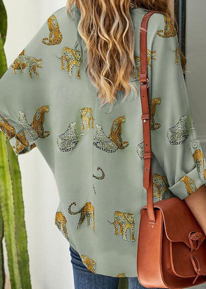 Italian Light Yellow V Neck Animal Print Chiffon Shirt Long Sleeve