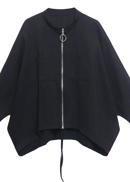 Loose Black Pockets Zippered Jackets Spring