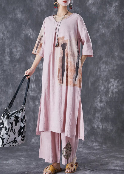 Italian Pink Oversized Print Linen Dress and Pants Sets 2 Pieces Summer