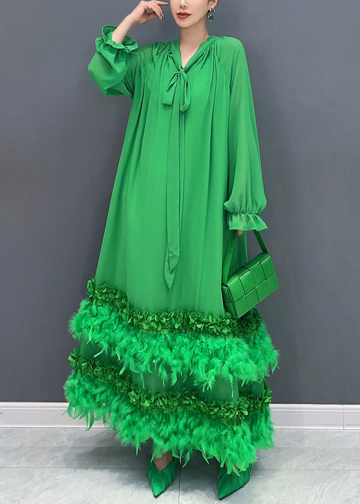 Green Bow Patchwork Tassel Chiffon Long Dresses Fall