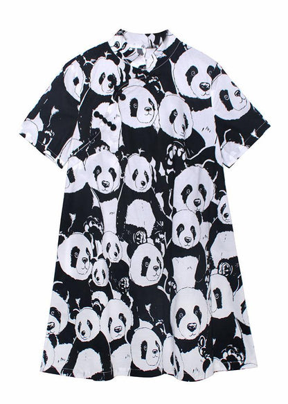 Natural Black Print a Line Long Dress Short Sleeve Cotton Summer