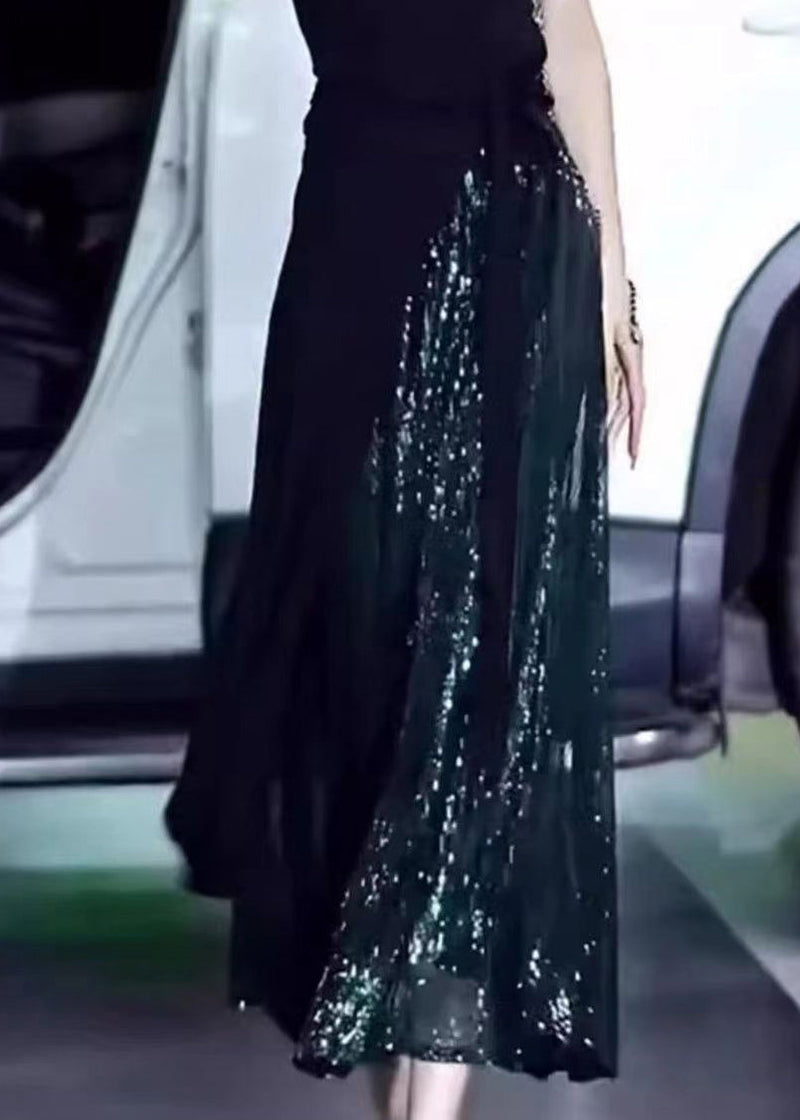 Green Sequins High Waist Silk Skirt Summer