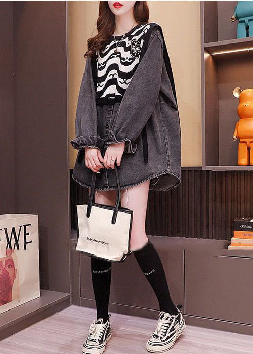 Boutique Black O-neck Oversized Knit Patchwork Cotton Denim Shirts Spring