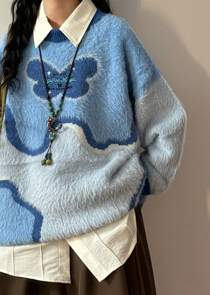 Blue Asymmetrical Fluffy Patchwork Knit Sweaters