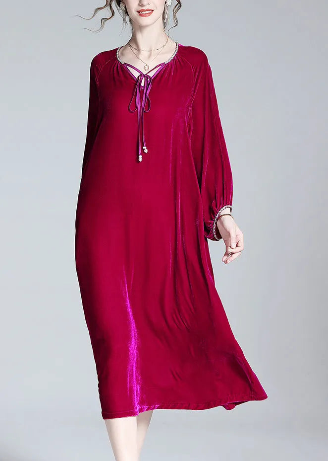 Handmade Red V Neck Neck Tie Velour Maxi Dress Spring