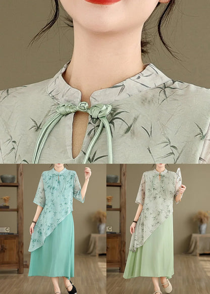 New Blue Asymmetrical Print Cotton Long Dresses Half Sleeve