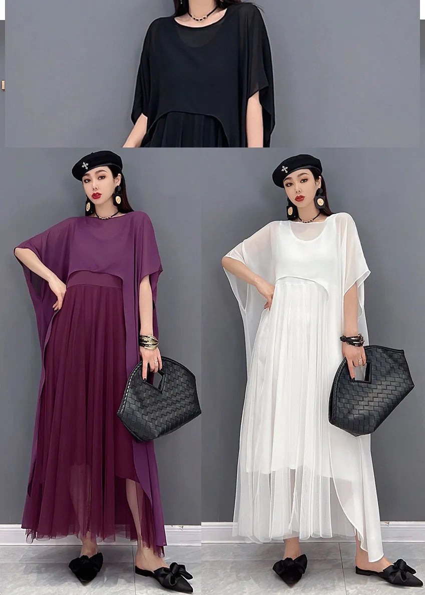 French Purple Asymmetrical Design Chiffon Dress and Cloak Two Pieces Set Summer