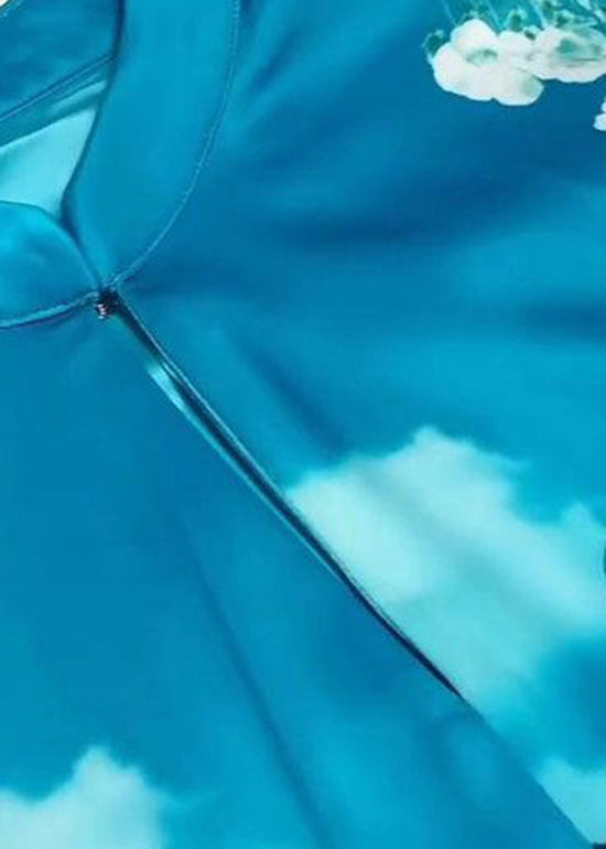 Exquisite Blue Stand Collar Printed Tie Waist Silk Dress Autumn