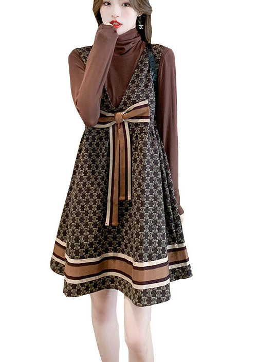 Modern Chocolate Retro V Neck Print Fall Two Piece Set Dresses